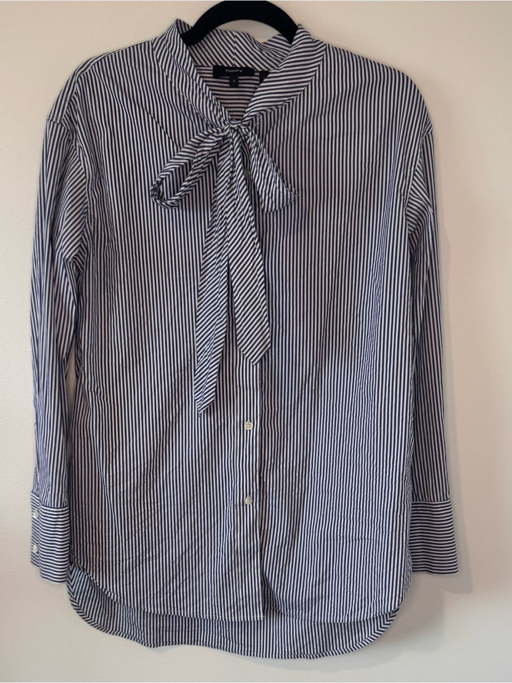Theory Weekender Tie Neck Shirt Women’s S Navy White Stripe Button Down Blouse